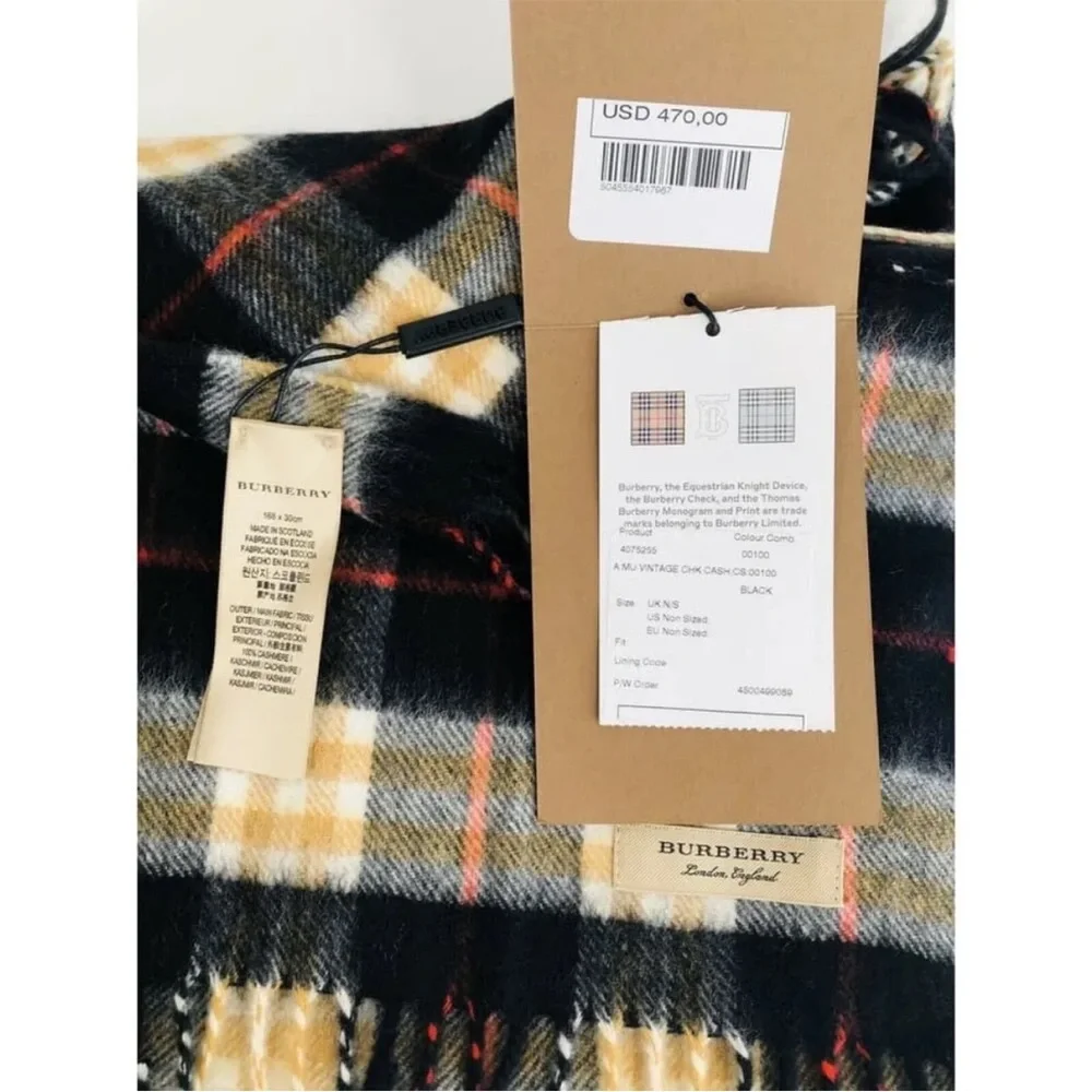 Burberry Cashmere Vintage Check Black Striped Logo Fringed Scarf